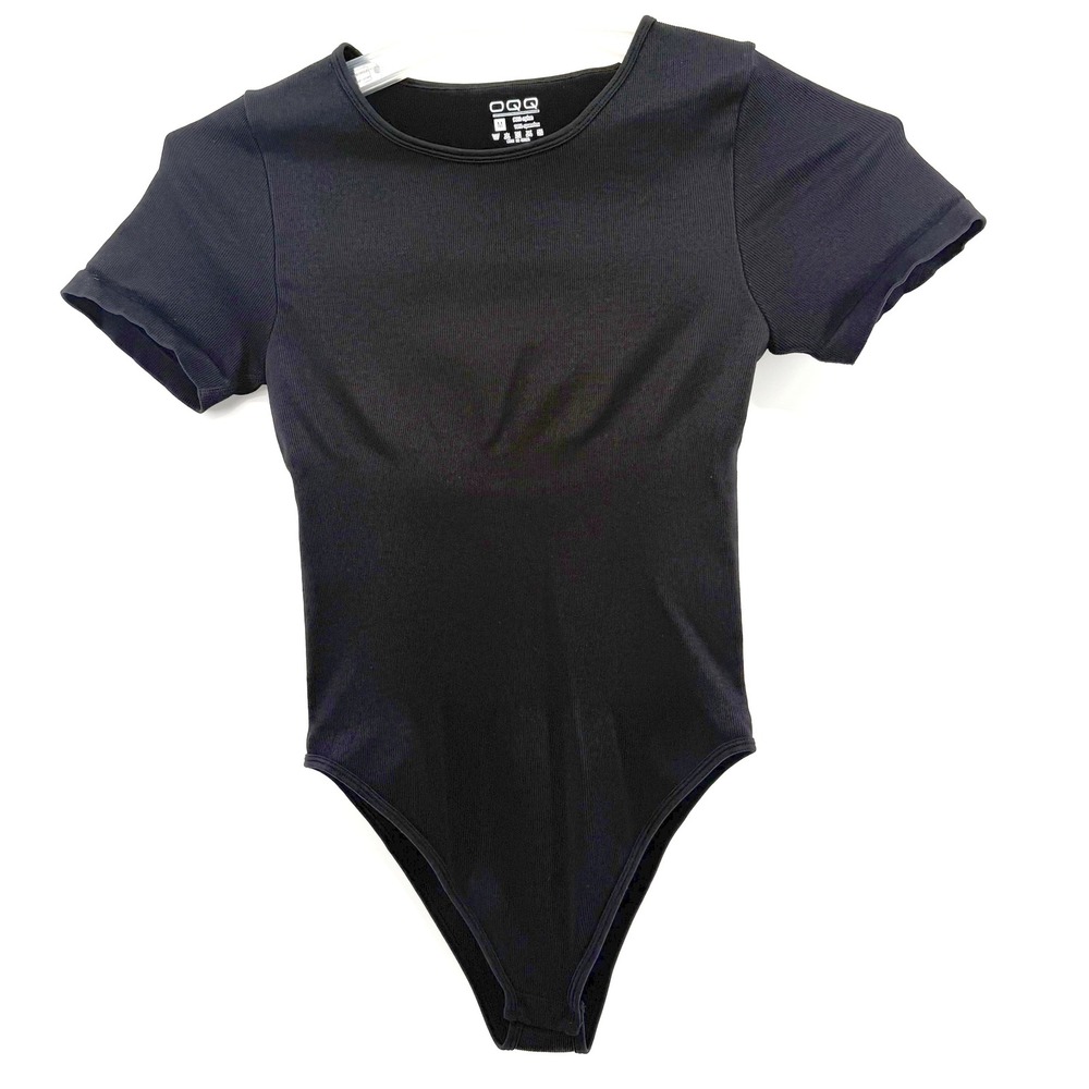 OQQ Black Ribbed Short Sleeve Bodysuit Snap Closure Women's Size M